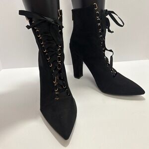 Women 10 Black Suede Ribbon Lace-Up Pointy Toe Heel Boots Whimsigoth Whitchy Y2K